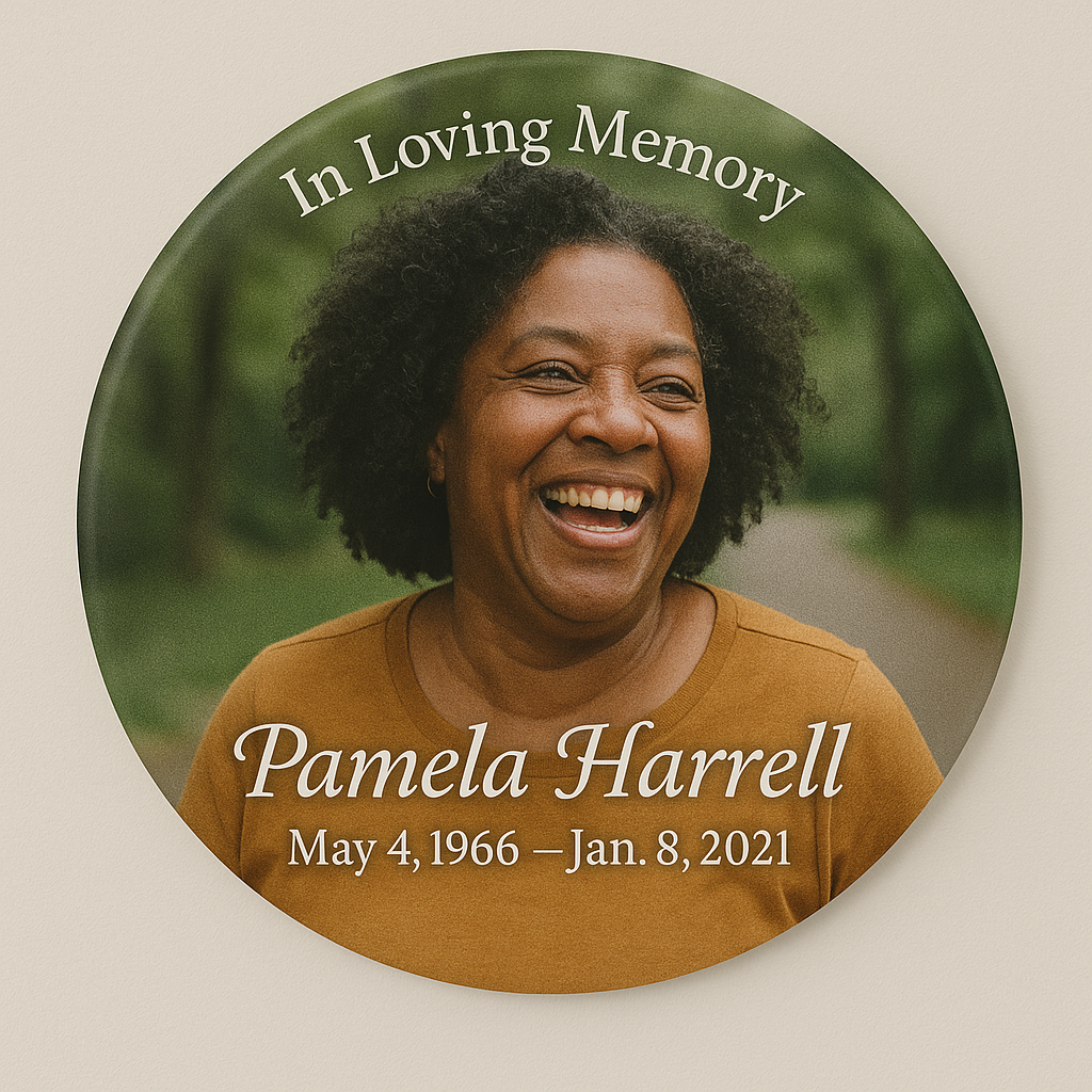Pamela Harrell memorial button